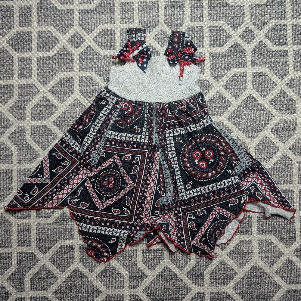 BlueBeri Boulevard Toddler Girl Patriotic Bandana Print Dress Bows Lace Size 18m